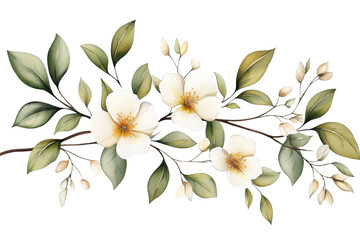 White flower with green leaves is on a branch, isolated