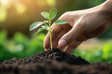 Hand holding a young plant or seedling over a blurred green nature sunlight background, an Earth Day concept