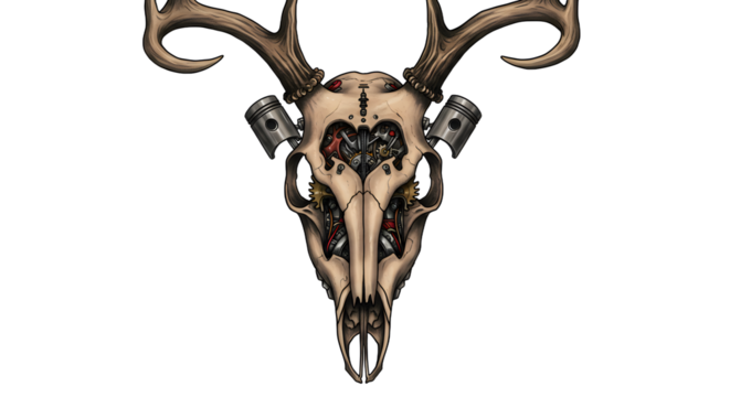 Deer Skull with Antlers and Engine Parts Creative Illustration