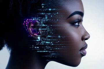 African female young woman with futuristic digital interface overlay on face