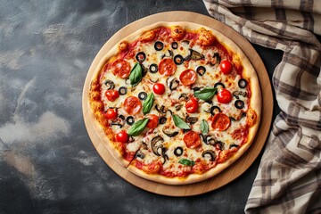 Delicious Pepperoni Pizza with Mushrooms Olives and Basil Tasty Italian Food Gourmet Pizza Recipe Homemade Pizza on Wooden Board Restaurant Menu      