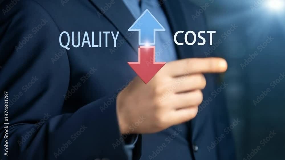 Fototapete a man in a suit pointing at quality and cost arrows in a business concept presentation image