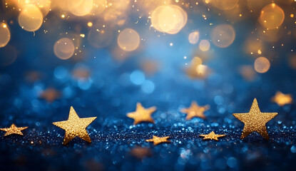 A festive festival filled with blue and gold stars.