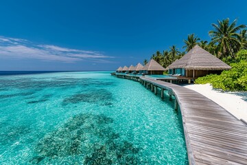 Fototapeta premium A beautiful beach with a wooden walkway leading to a row of beach houses