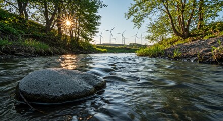 Scenic view of a flowing river with a prominent stone surrounded by lush greenery under a radiant sunset, featuring wind turbines in the distance representing clean energy