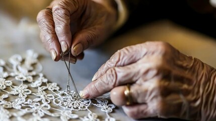 Elderly Woman Skillfully Working on Lace Tatting with a Shuttle
