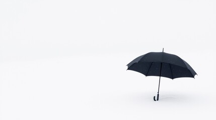 Photograph of a black umbrella with small white dots on it. the umbrella is open and is standing upright on a white background. the handle of the umbrella is curved and appears to be made of metal.