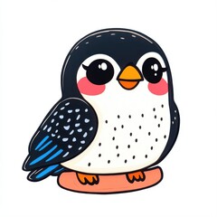 Cute cartoon bird character with big eyes and playful expression sitting on a small platform, colorful design