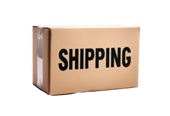 A cardboard box labeled with clear shipping text isolated on transparent background