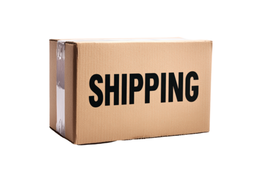 A cardboard box labeled with clear shipping text isolated on transparent background
