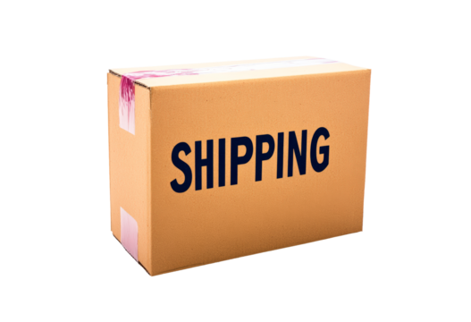 A cardboard box labeled with clear shipping text isolated on transparent background