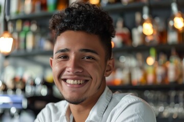 Fototapeta premium Smiling portrait of a young Hispanic male bartender in a modern bar