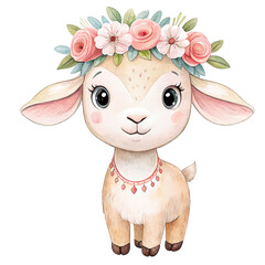 Cute baby goat in a flower wreath. Little goat in a flower crown. Watercolor illustration.