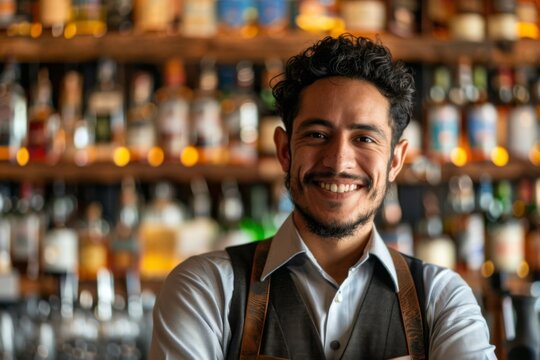 Smiling portrait of a young Hispanic male bartender in a modern bar