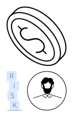 Dollar coin, stacked RISK blocks, and minimalist headshot shape key themes thumbs up financial risk, decision-making, wealth, and analysis. Ideal for finance, strategy, leadership economics career