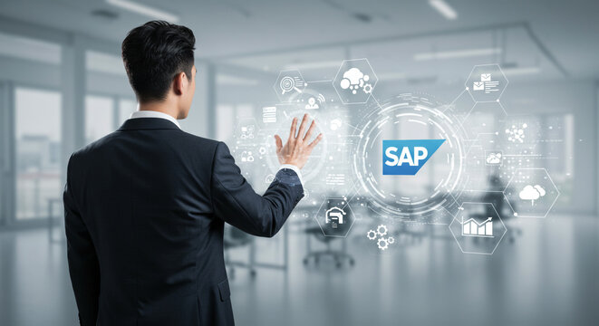 A businessman confidently interacts with a futuristic SAP interface, seamlessly navigating digital data streams in a modern office setting.