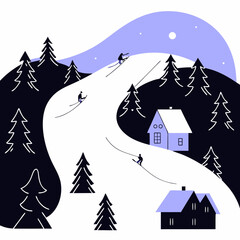 Fototapeta premium Winter Ski Resort with Snowy Cabins 