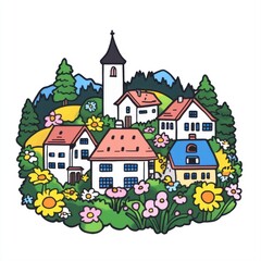 Fototapeta premium Colorful Hand-Drawn Village Scene Surrounded by Lush Nature and Vibrant Flowers