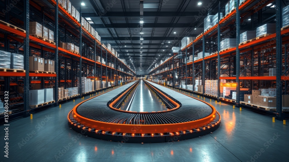 Aufkleber a modern warehouse features an advanced conveyor system, efficiently transporting goods along a well