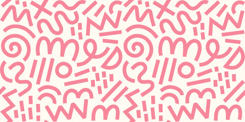 Memphis geometric seamless pattern. Pink pastel abstract background in retro 80s, 90s style with various shapes: circles, semicircles, dots, zigzags, spirals, wavy lines. Cute kid doodle design.	