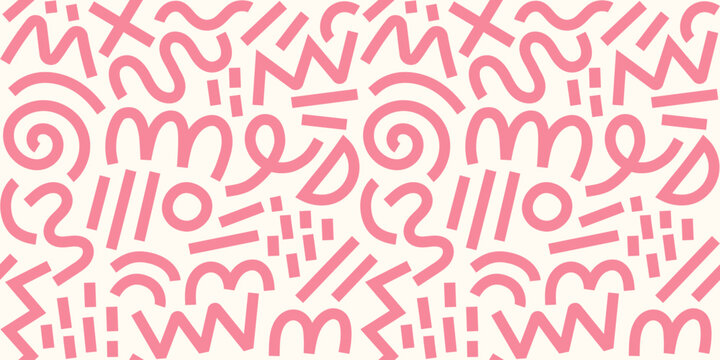 Memphis geometric seamless pattern. Pink pastel abstract background in retro 80s, 90s style with various shapes: circles, semicircles, dots, zigzags, spirals, wavy lines. Cute kid doodle design.	