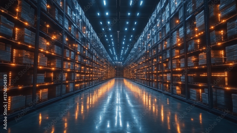 Poster Vast warehouse interior features rows of neatly arranged shelves filled with cargo. Bright overhead lights enhance the efficient layout for quick inventory access and logistics management.