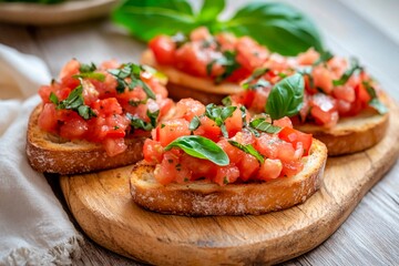 Freshly made bruschetta features diced tomatoes, basil, and olive oil on toasted bread, placed on a wooden cutting board in a cozy kitchen. It reflects a vibrant culinary experience