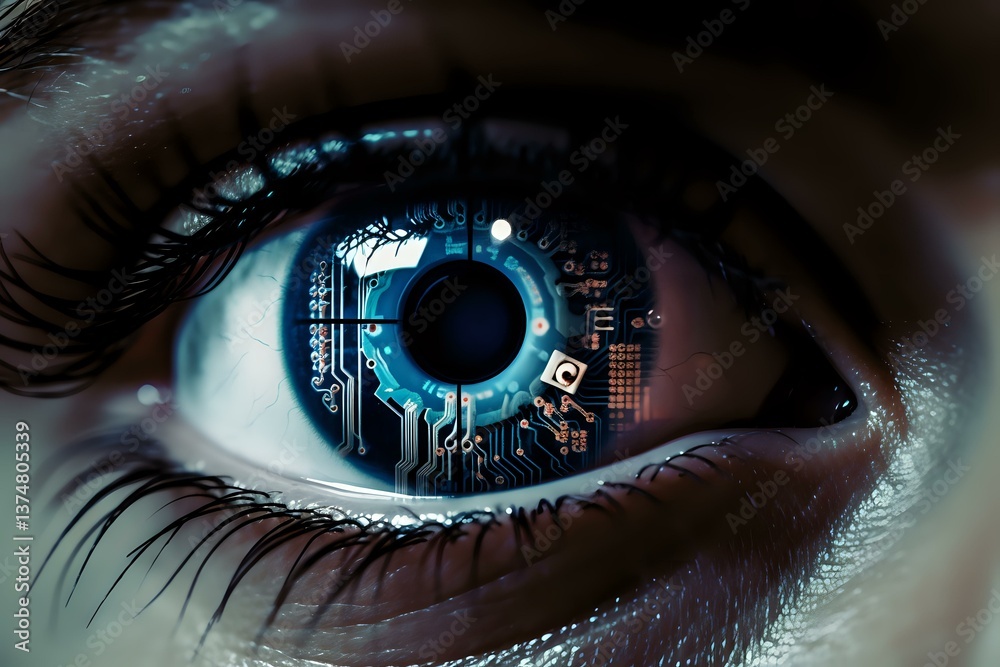 Poster futuristic cyber eye with digital circuit pattern and blue technological interface overlay showing a