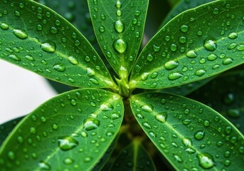 Close up of vibrant green leaves covered in glistening water droplets after a refreshing rainfall
