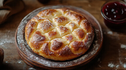 Freshly baked handmade bread on a rustic wooden table