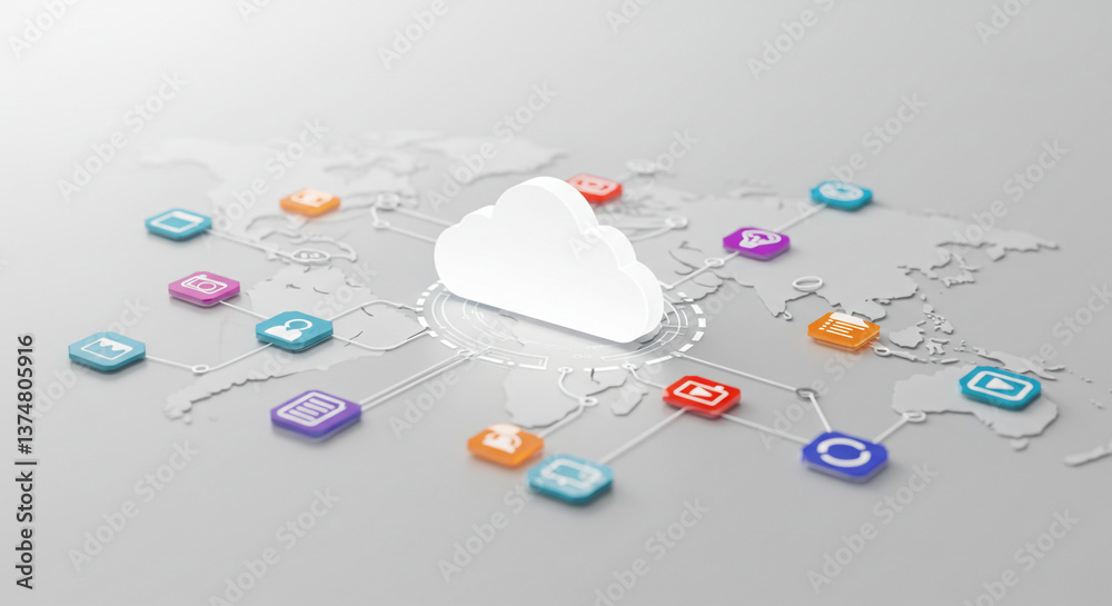 Aufkleber global network of interconnected cloud services, a digital world map visualizing data flow and world