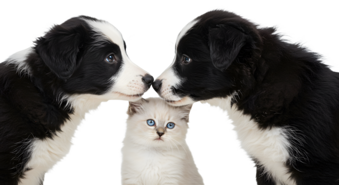 Dogs and Cat Touching Noses on White Background Friendship Concept