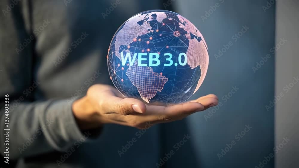 Poster Person holding a globe with web three point oh text and connected dots in their hand closeup view