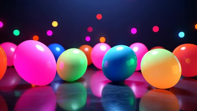 Vibrant neon bouncing balls with dynamic motion and colorful background lights
