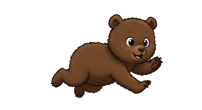 Running Brown Bear Cub Cartoon Illustration on White Background