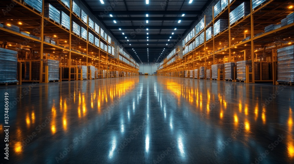 Aufkleber brightly lit warehouse filled with neatly arranged pallets of inventory reflecting on the polished f