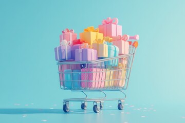 A shopping cart is brimming with pastel gift boxes adorned with bows, set against a cheerful light blue backdrop, radiating joy and celebration