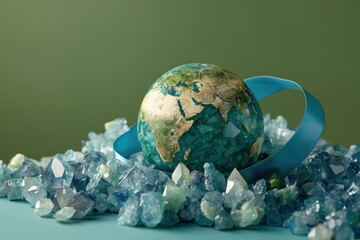 An artistic globe is surrounded by jewels and a blue ribbon
