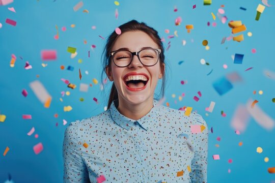 A cheerful woman laughing and smiling in the air amidst vivid colorful confetti, signifying joy, celebration, success and a festive mood.