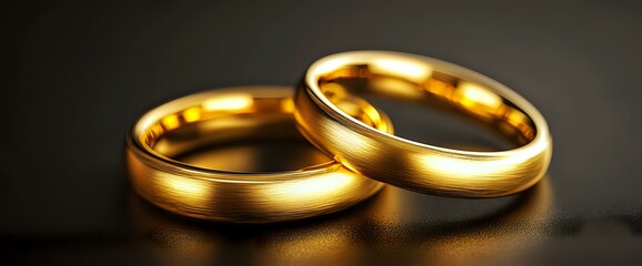 Pair of elegant gold wedding bands on dark reflective surface with soft lighting, symbolizing marriage, commitment and eternal love. Suitable for wedding services.