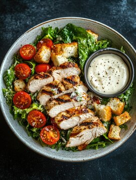 A hearty salad with grilled chicken, fresh vegetables, a side of vinaigrette dressing and tazo tea. A nutritious and balanced meal that can be enjoyed by all.