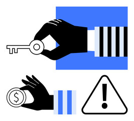 Hand holding key, hand holding coin, and exclamation warning symbol convey financial risk, decision-making, valuing assets, security, trust, or caution. Ideal for finance security decision-making