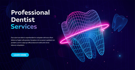 Professional dentistry service banner. Futuristic wireframe tooth with neon glowing ring, dentistry and modern technology. Dental care concept, innovation, medical advancements. Vector illustration
