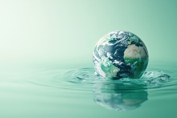 The earth globe floating in water ripples and splashing slightly