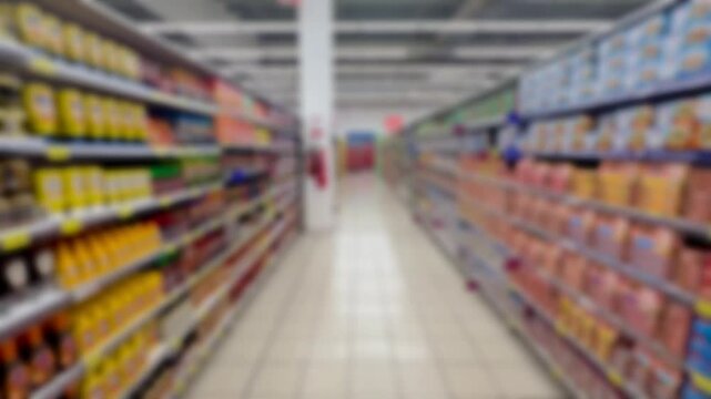An intentionally blurred, out‑of‑focus view down a brightly lit supermarket aisle, emphasizing motion, light, and modern retail atmosphere.