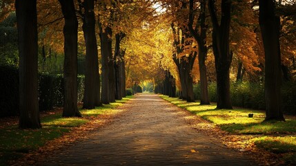 Fototapeta premium Golden autumn pathway winding through leafy tree tunnel, sunlight filtering across vibrant fallen leaves and rich seasonal landscape