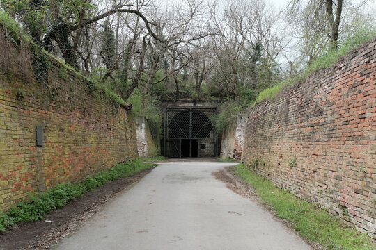 Entrance to an old railway tunnel beneath Petrovaradin Fortress in Novi Sad, Serbia. Overgrown historic structure with mossy bricks, trees and a dark arched gate. Hidden place with mysterious atmosphe