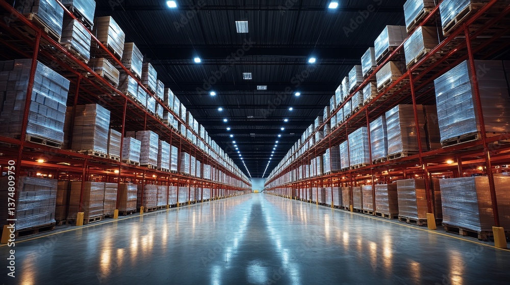 Poster Brightly lit warehouse features rows of neatly stacked pallets on high shelves, emphasizing efficient logistics and distribution practices in a spacious storage environment.