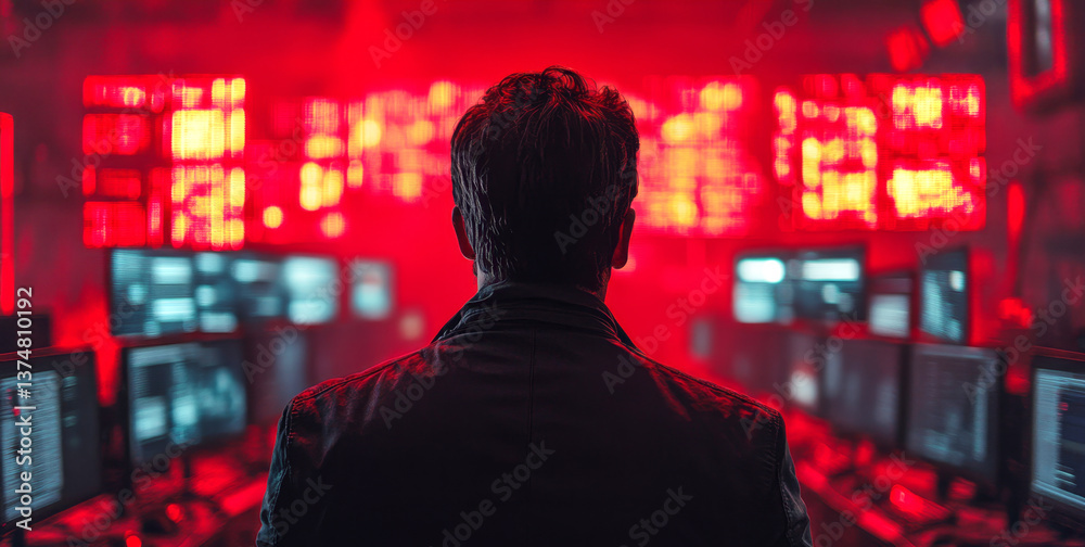 Aufkleber A cybersecurity expert monitors multiple screens displaying red alerts about potential data breaches.
