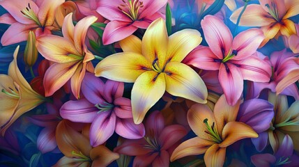 A stunning bed of lilies in full bloom, with their rich, vibrant colors--yellow, orange, and pink--glowing in the soft natural light.